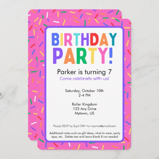 Bright Pink Sprinkles Verjaardagsfeestuitnodiging Kaart (Voorkant / Achterkant)