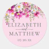 Bright Pink Wildflower Bloemen Bloemen Bruiloft Na Ronde Sticker (Voorkant)