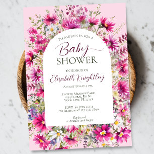 Bright Pink Wildflower Floral Boho Baby shower Kaart