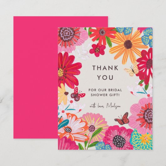 Bright Pink Wildflower Vrijgezellenfeest Bedankkaart (Voorkant / Achterkant)