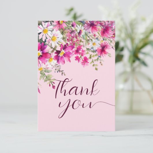 Bright Pink Wildflowers Boho Floral Elegant Script Kaart (Staand voorkant)