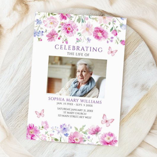 Bright Pink Wildflowers Funeral Order of Service Programmakaart