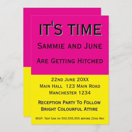 Bright Pink & Yellow Wedding Invitation | Fun Kaart (Voorkant / Achterkant)
