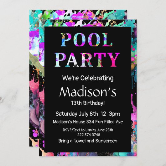 Bright Pool Party verjaardag, uitnodiging (Voorkant / Achterkant)