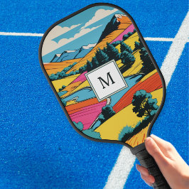 Bright Pop Art Kleurrijke landschap Monogrammed Pickleball Paddle