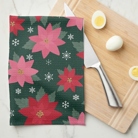 Bright Preppy Christmas Poinsettias Kitchen Towels Theedoek (Quarter Fold)