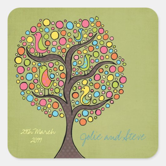 Bright Rainbow Bird Tree Custom Wedding Sticker (Voorkant)