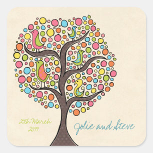 Bright Rainbow Bird Tree Custom Wedding Sticker
