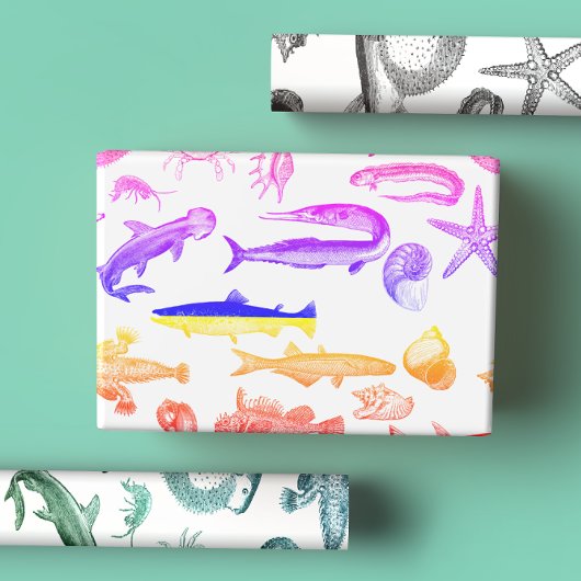 Bright Rainbow, blauw & groen Zee Creatures Inpakpapier Vel