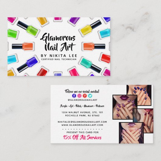 Bright Rainbow Nail Polish Art Tech Salon 4-Photo Visitekaartje (Voorkant / Achterkant)