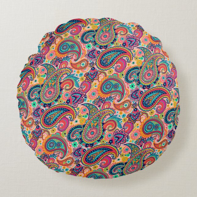 Bright Rainbow Paisley Rond Kussen (Voorkant)