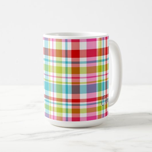 Bright Rainbow Plaid Checkered Pattern Custom Name Koffiemok (Voorkant rechts)
