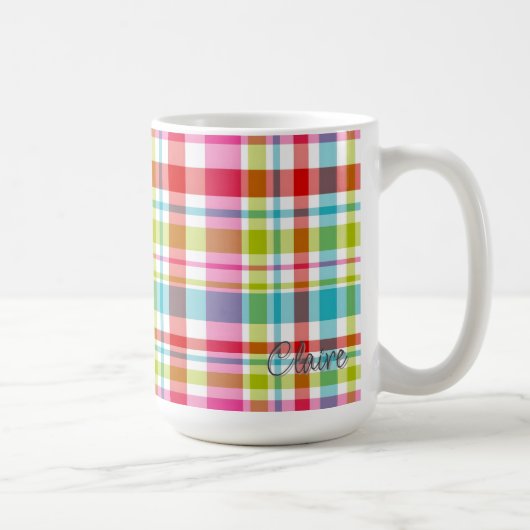 Bright Rainbow Plaid Checkered Pattern Custom Name Koffiemok (Rechts)