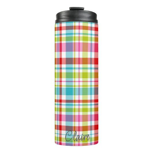Bright Rainbow Plaid Checkered Pattern Custom Name Thermosbeker (Voorkant)