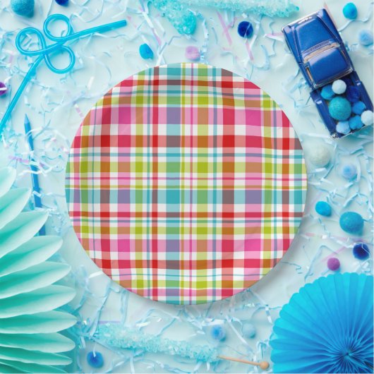 Bright Rainbow Plaid Checkered Pattern  Papieren Bordje (Feest)