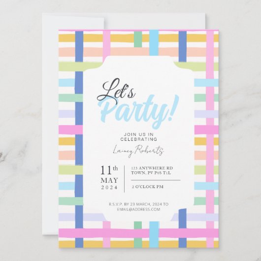 Bright Rainbow Plaid Invite - Colourful Pastel Kaart (Voorkant)