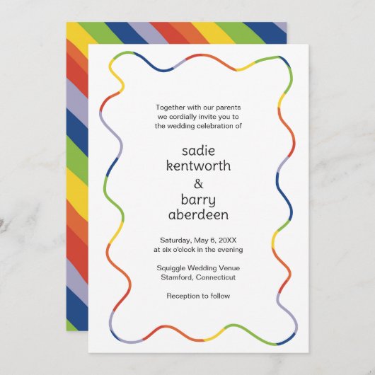 Bright Rainbow Squiggle Lijst Modern Wedding Kaart (Voorkant / Achterkant)