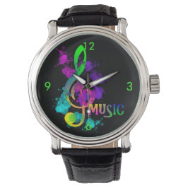 Bright Rainbow Treble Clef Music Paint Splatter Horloge