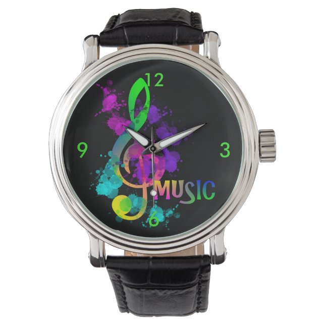 Bright Rainbow Treble Clef Music Paint Splatter Horloge (Voorkant)