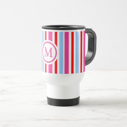 Bright Red and Blue Candy Stripes Monogram Reisbeker (Voorkant rechts)
