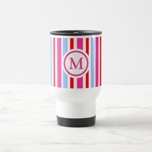 Bright Red and Blue Candy Stripes Monogram Reisbeker (Center)