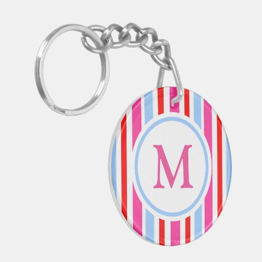 Bright Red and Blue Candy Stripes Monogram Sleutelhanger (Voorkant Links)