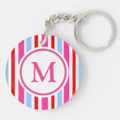 Bright Red and Blue Candy Stripes Monogram Sleutelhanger (Achterkant)