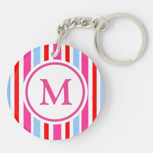 Bright Red and Blue Candy Stripes Monogram Sleutelhanger (Achterkant)