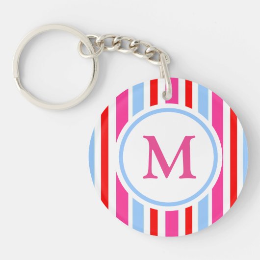 Bright Red and Blue Candy Stripes Monogram Sleutelhanger (Voorkant)