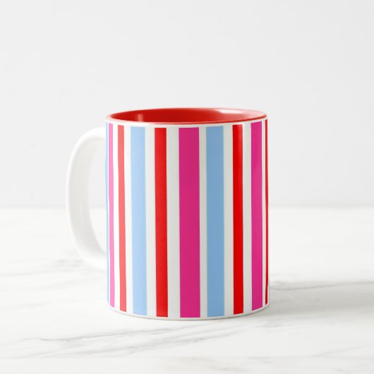 Bright Red and Blue Candy Stripes Tweekleurige Koffiemok (Voorkant links)