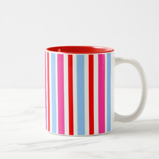 Bright Red and Blue Candy Stripes Tweekleurige Koffiemok (Rechts)