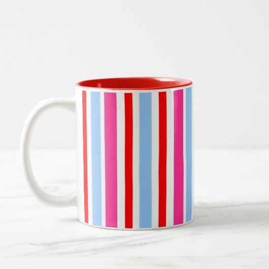 Bright Red and Blue Candy Stripes Tweekleurige Koffiemok (Links)