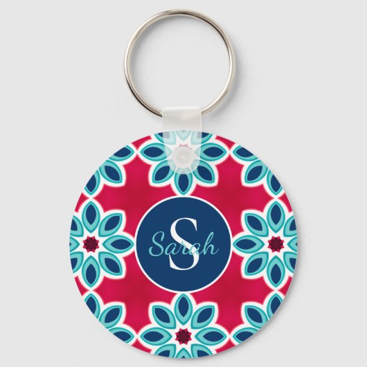 Bright Red and Blue Modern Geometric Personalised Sleutelhanger (Voorkant)
