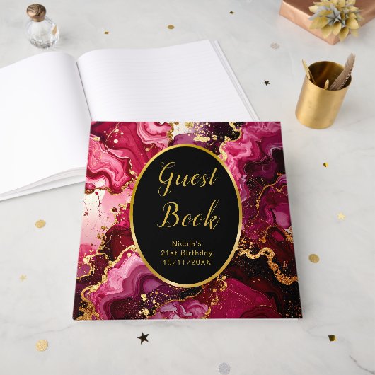 Bright Red and Gold Marble Agate Birthday Party Gastenboek (Voorkant open)