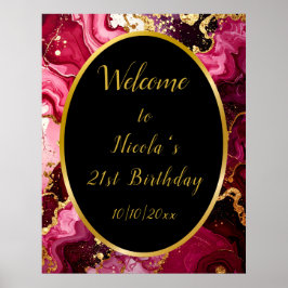 Bright Red and Gold Marble Agate Birthday Welcome Poster