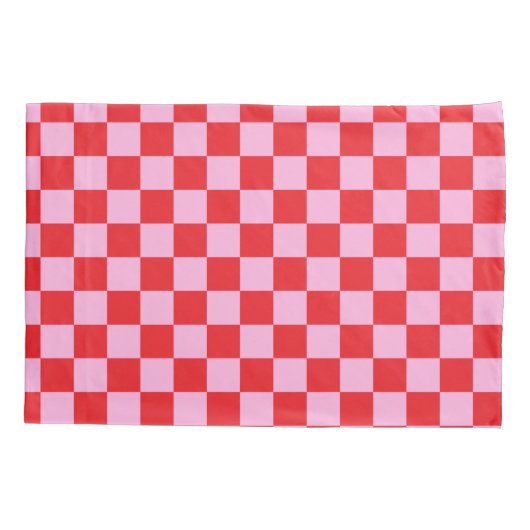 Bright Red and Light Pink Checkered Kussensloop (Achterkant)