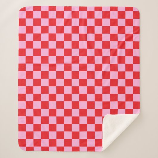 Bright Red and Light Pink Checkered Sherpa Deken (Voorkant)