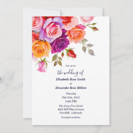 Bright Red and pink purple roses floral wedding Kaart