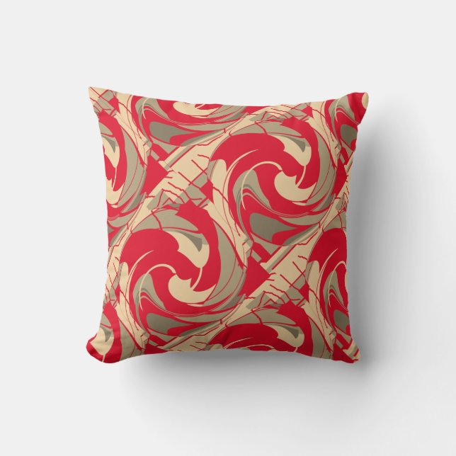 Bright Red Beige Taupe Diagonal Swirling Art Print Kussen (Voorkant)