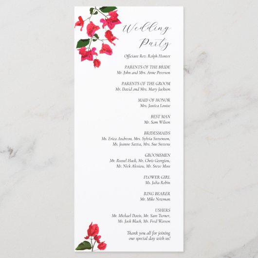 Bright Red Bougainville Wedding Flat-programma Programmakaart (Achterkant)