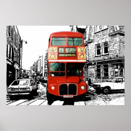 Bright Red Bus in Londen Poster