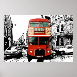 Bright Red Bus in Londen Poster