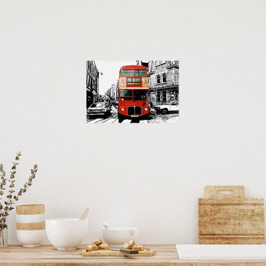Bright Red Bus in Londen Poster (Keuken)