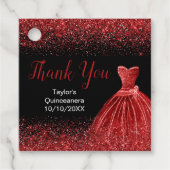 Bright Red Dress Faux Glitter Quinceanera Bedankjes Labels (Voorkant)