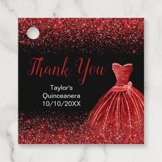 Bright Red Dress Faux Glitter Quinceanera Bedankjes Labels (Voorkant)