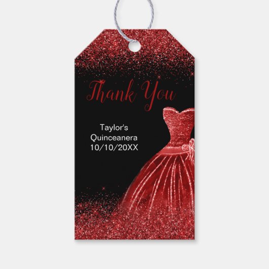Bright Red Dress Faux Glitter Quinceanera Cadeaulabel (Voorkant)