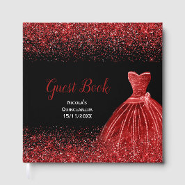 Bright Red Dress Faux Glitter Quinceanera Gastenboek