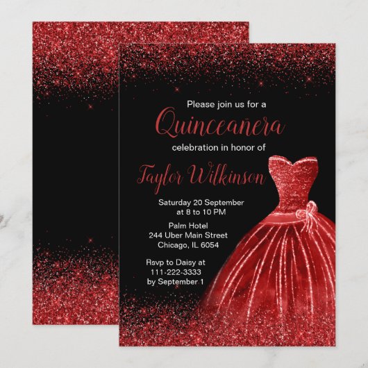 Bright Red Dress Faux Glitter Quinceanera Kaart (Voorkant / Achterkant)