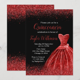 Bright Red Dress Faux Glitter Quinceanera Kaart