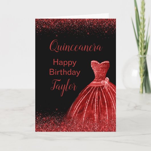 Bright Red Dress Faux Glitter Quinceanera Kaart (Voorkant)